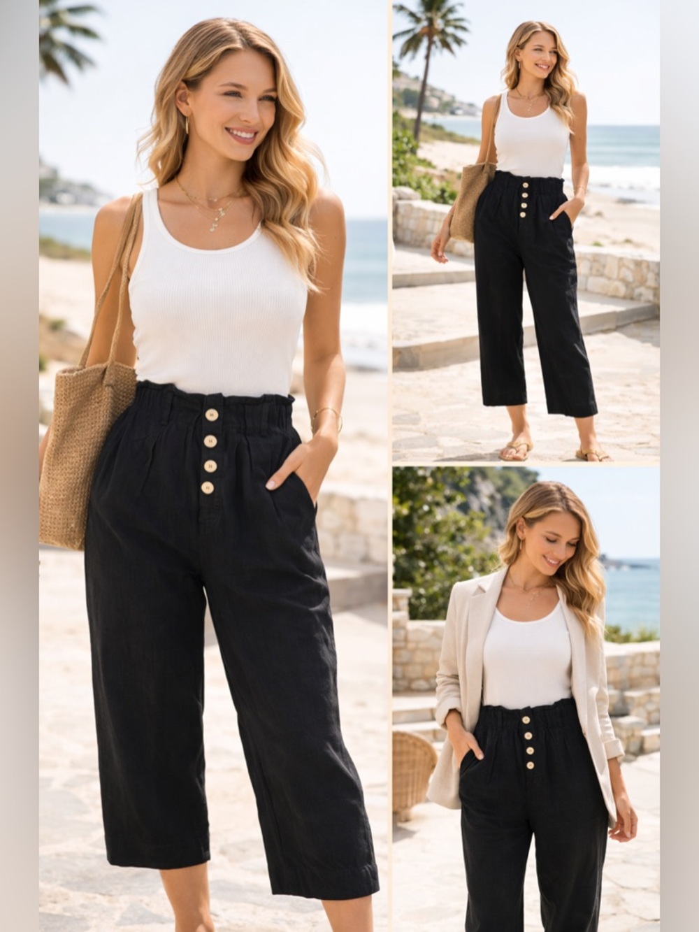 HALARA Linen Blend Cropped Pants XS High Waisted Button Front Black‎ 23” Inseam